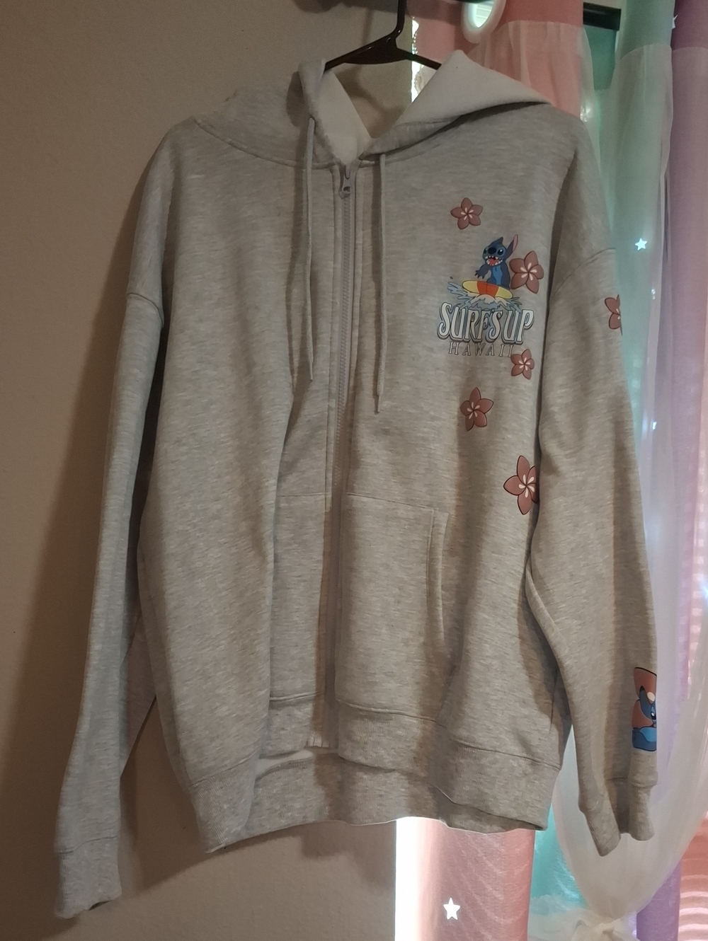 Disney Stitch Light Gray Zip Hoodie with Pink Flower Details
